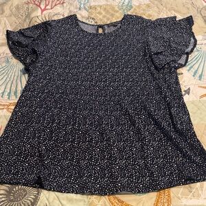 Adrianna Papell Navy Flutter Sleeve Top with Micro Dot Pattern
